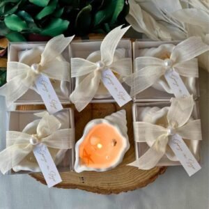 Concrete Seashell Candle Favor l Scented Coastal Wedding Gift with Pearls & Starfish