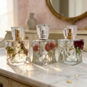 Luxury Handmade Perfume Bottle 45 ml / Epoxy Resin with Real Flowers & Gold/Silver Leaf / Elegant Vanity Decor